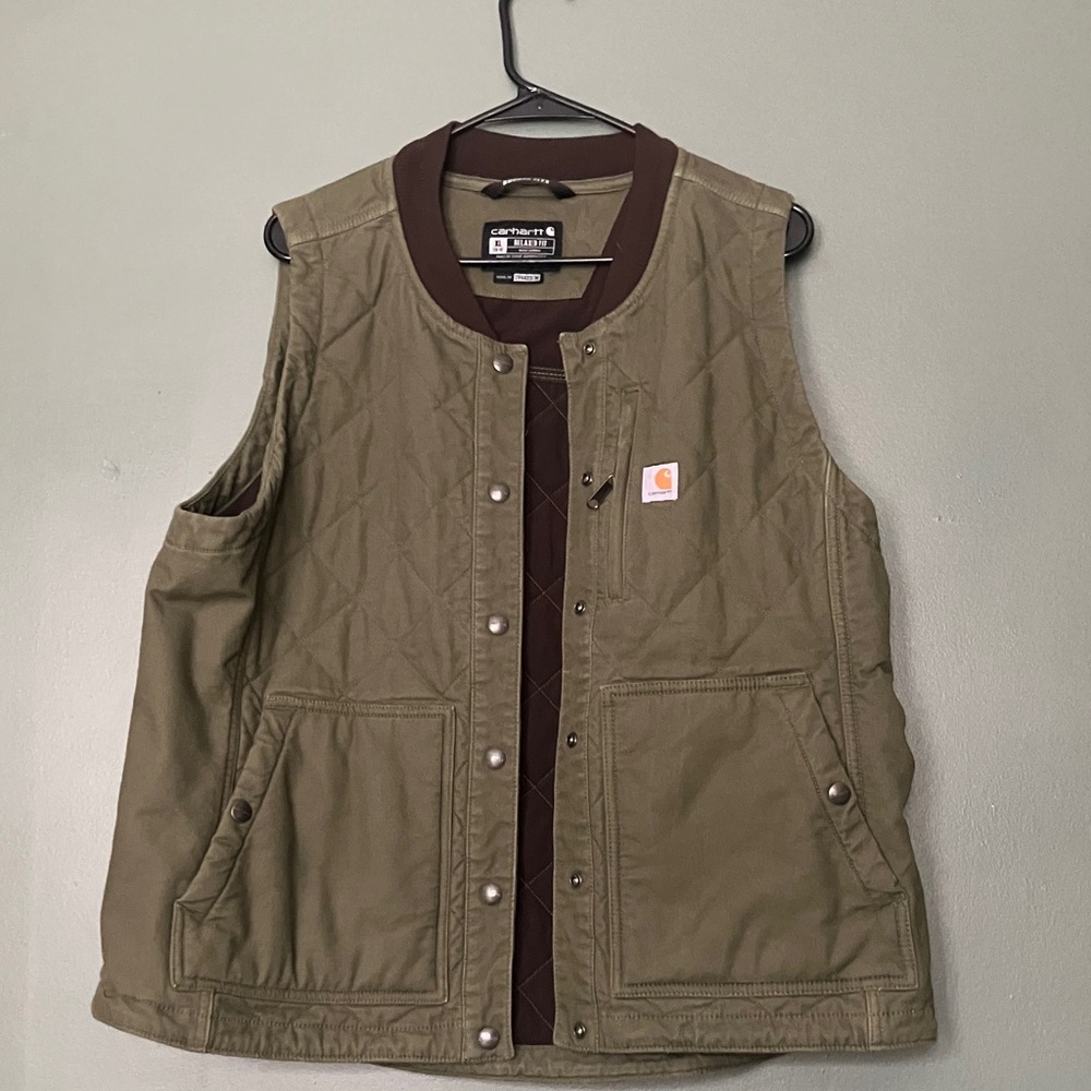 Carhartt Olive Quilted Vest with Brown Trim